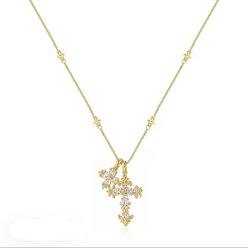 Dual Ornate Diamond Cross Pendant Necklace, 2 Tone Vintage Layering Faith Fine Jewelry