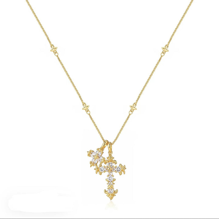 Dual Ornate Diamond Cross Pendant Necklace, 2 Tone Vintage Layering Faith Fine Jewelry