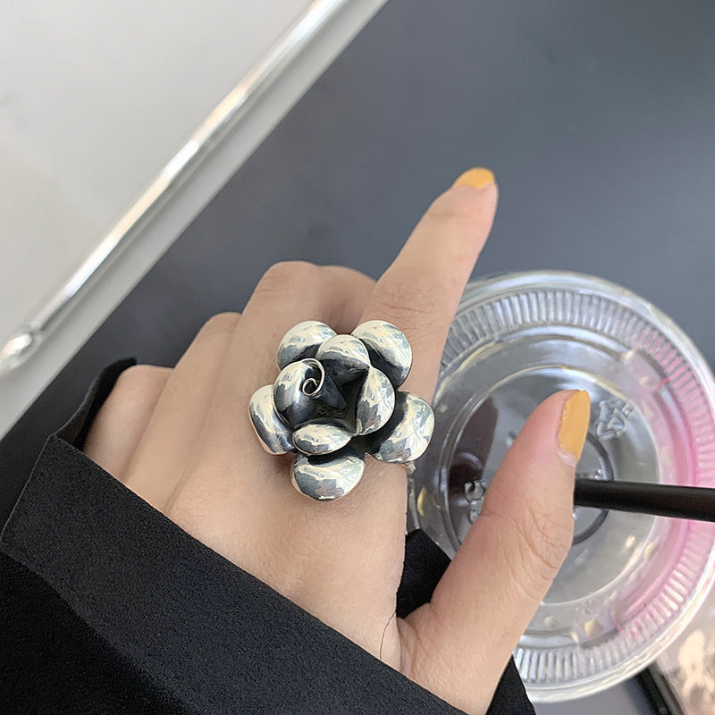 Vintage Silver 3D Sculpted Flower Statement Ring, Adjustable Floral Gothic Stackable Band