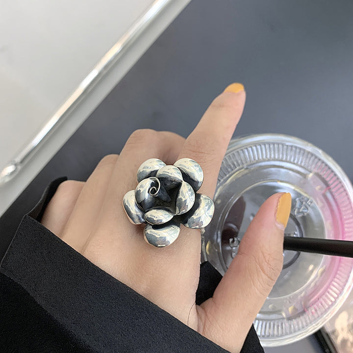 Vintage Silver 3D Sculpted Flower Statement Ring, Adjustable Floral Gothic Stackable Band