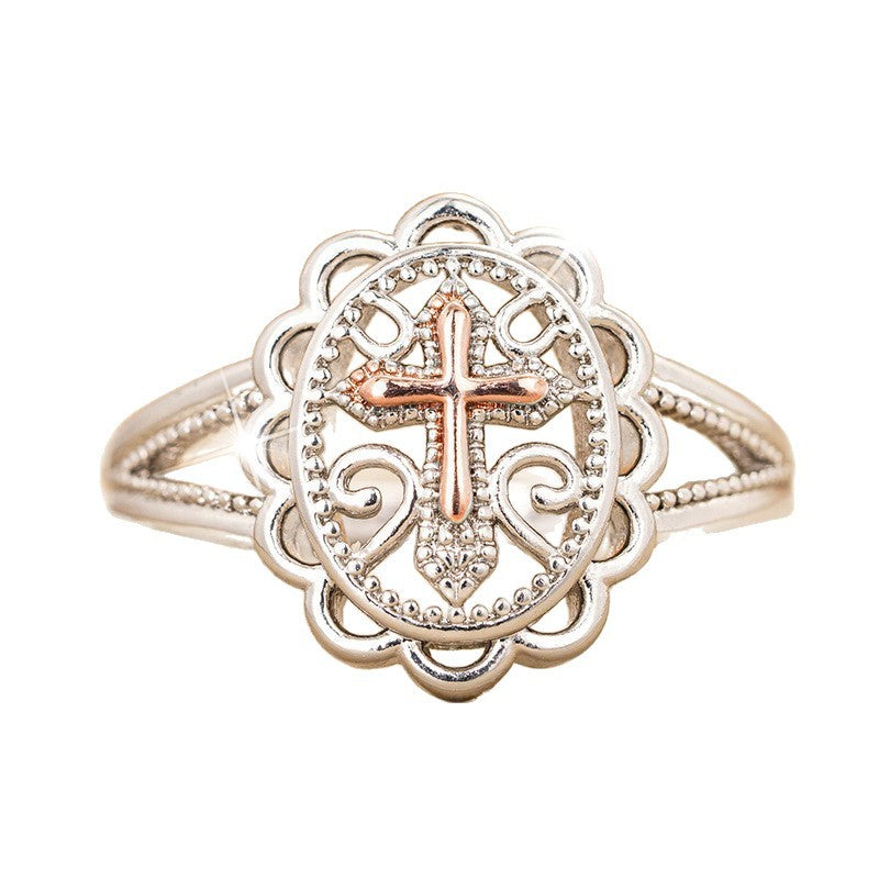 Vintage Hollow Cross Statement Ring, Elegant Two Tone Design For Women Daily Wear Gift