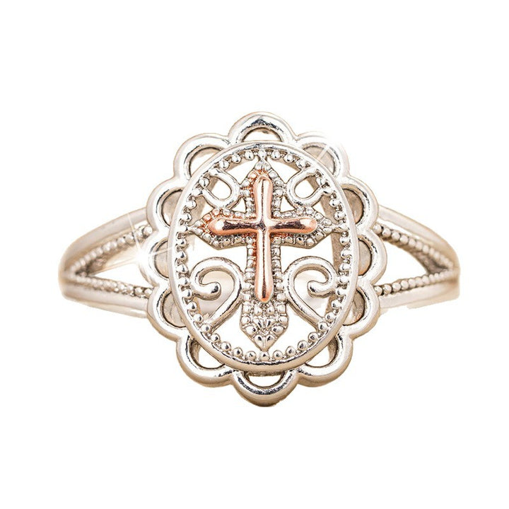 Vintage Hollow Cross Statement Ring, Elegant Two Tone Design For Women Daily Wear Gift