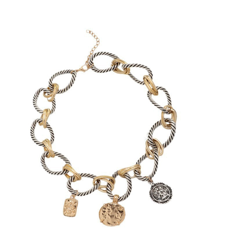 Two-Tone Twisted Cable Chain Vintage Mixed Coin Charm Choker Necklace Statement Collar
