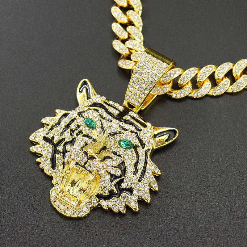 Hip-hop Style Iced‑Out Roaring Tiger Head Diamond Pendant with Cuban Link Chain