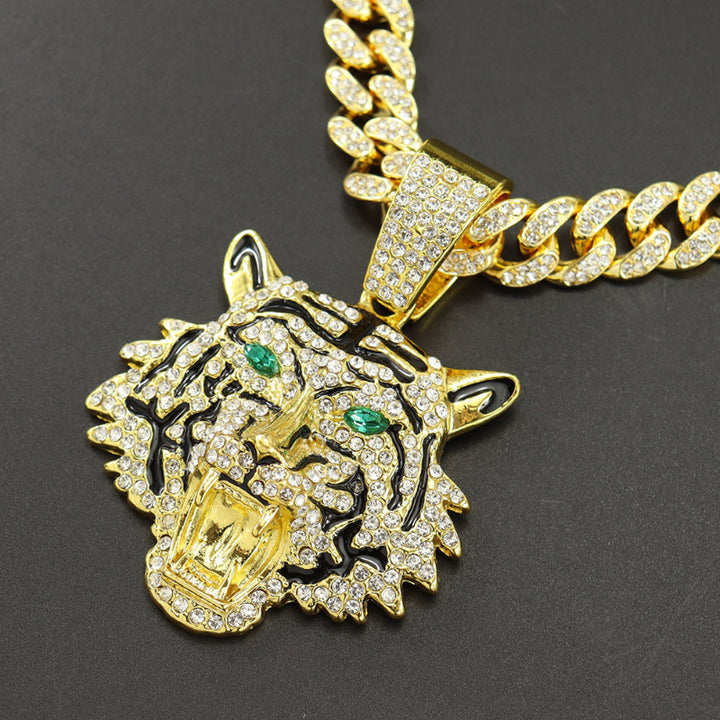 Hip-hop Style Iced‑Out Roaring Tiger Head Diamond Pendant with Cuban Link Chain