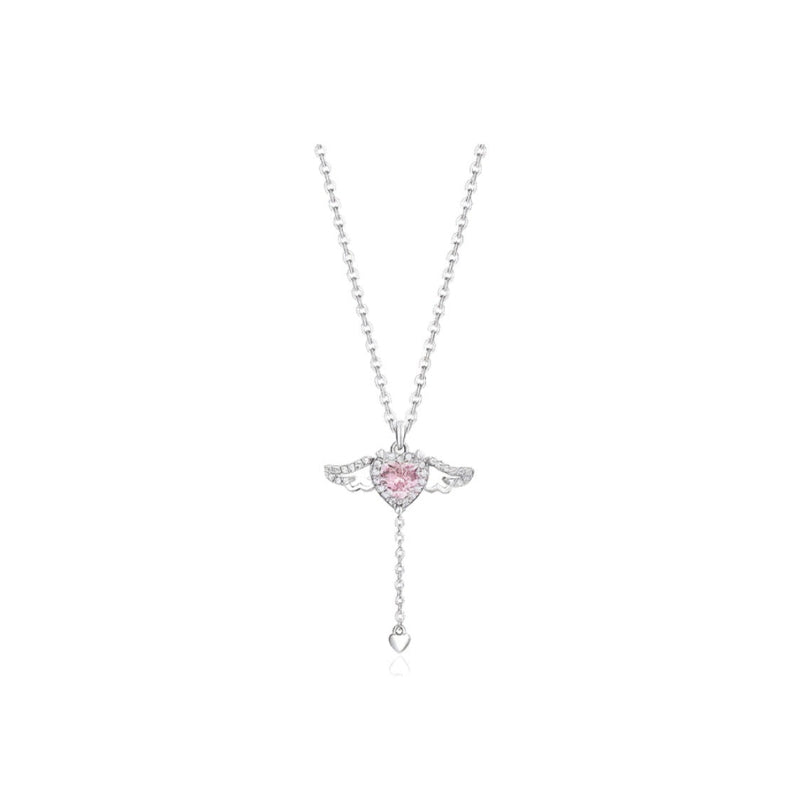Angel Wing Heart Halo Lariat Drop Silver Necklace, Movable Winged Collarbone Necklace