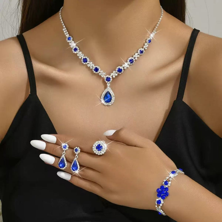 Teardrop Diamond Formal Jewelry 4Pcs Set, Necklace Earrings Bracelet Open Ring Wedding Evening