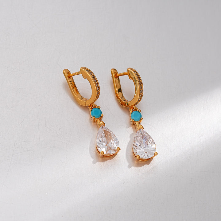 Teardrop Dangle Huggie Earrings, Turquoise Accent Drop Earrings for Women, Elegant Daily &amp; Party Jewelry