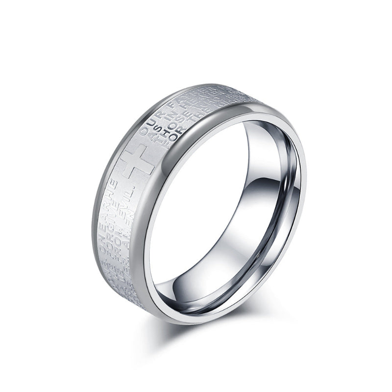 Men’s Cross Engraved Text Band Ring, Multi‑Color Edge Faith Style Ring