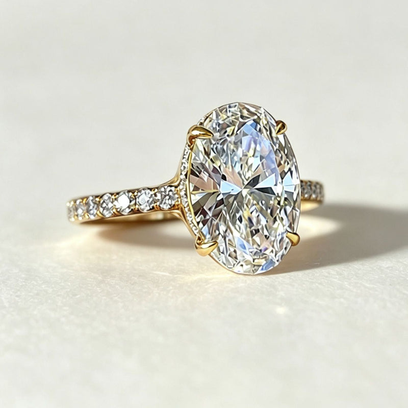 4-Prong Oval Diamond Pave Band Engagement Ring, Gold Silver Dainty Bridal Statement Ring