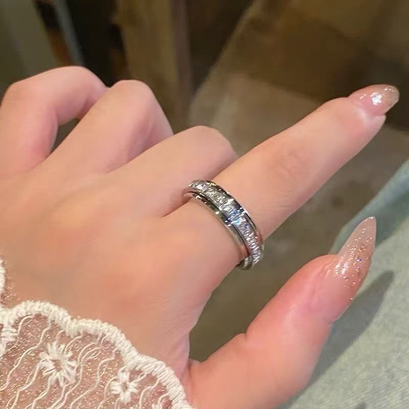 Rotating Ring Paved Clear Diamond Band, 3 Tone Minimal Thin Wedding Statement Ring