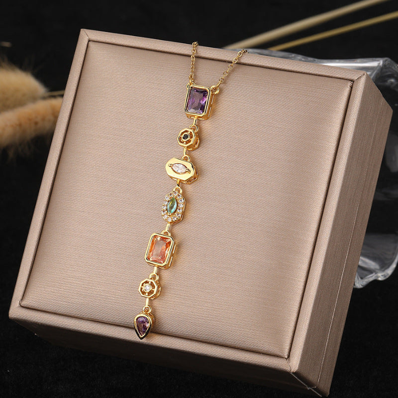 Vertical Tiered Multi-Cut Diamond Gold Drop Necklace, Warm Vintage Collarbone Chain