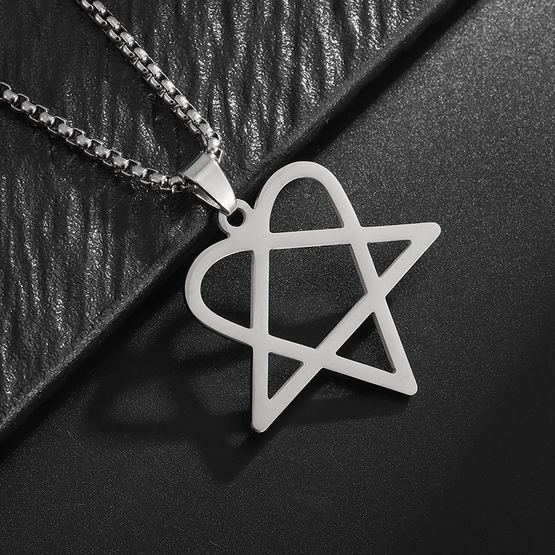 Minimal Hollow Heart Pentagram Pendant Necklace, Gothic Statement Necklace for Men Women