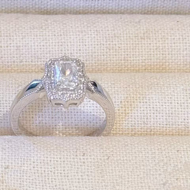 Adjustable Open Design Emerald Cut Silver Promise Ring Set, Minimal Vintage Accent Diamond Bridal Jewelry