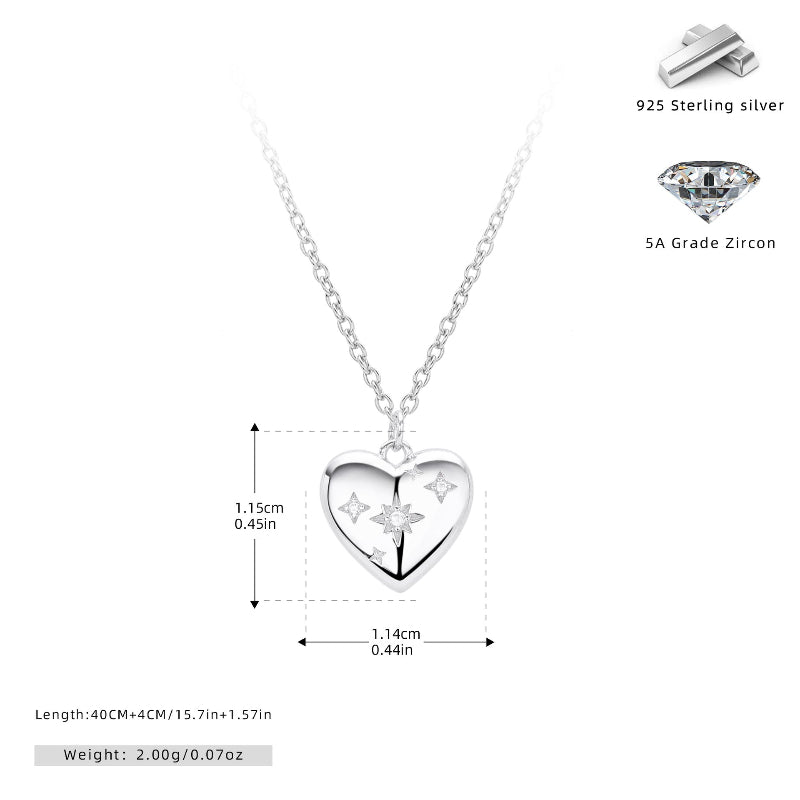 Star Engraved Puffy Heart Pendant Necklace, Dainty Celestial Collarbone Chain