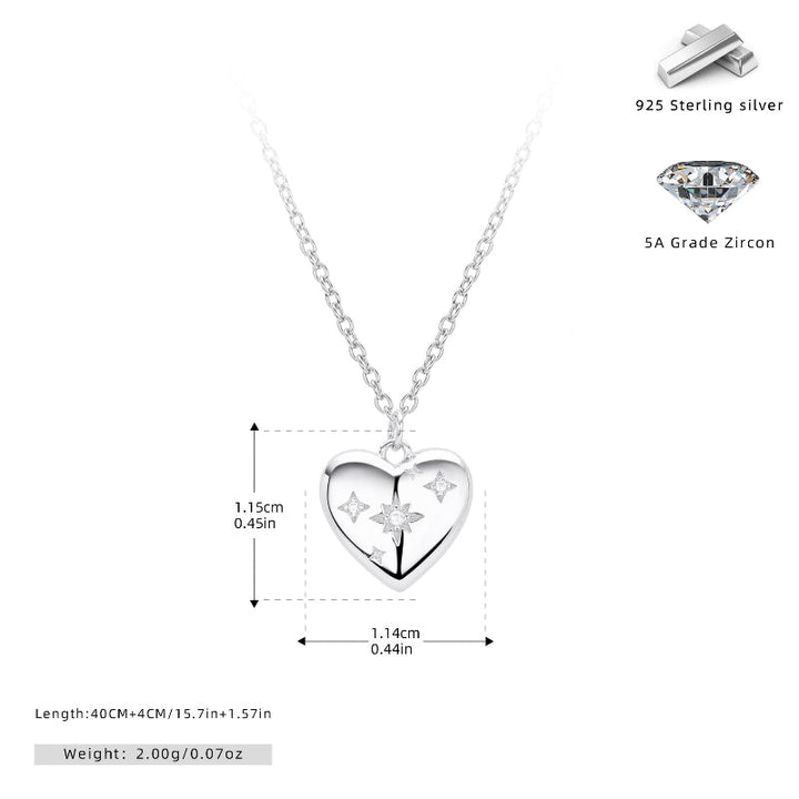 Star Engraved Puffy Heart Pendant Necklace, Dainty Celestial Collarbone Chain