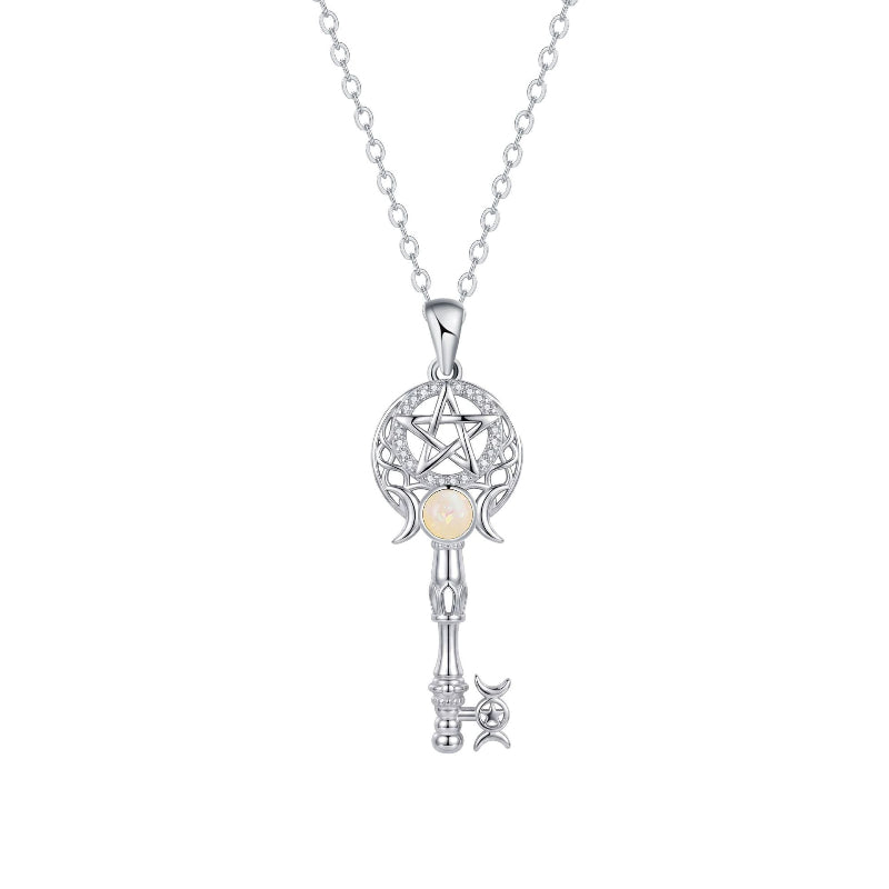 Pentagram Moon Opal Key Necklace, Sophisticated Collarbone Necklace For Women