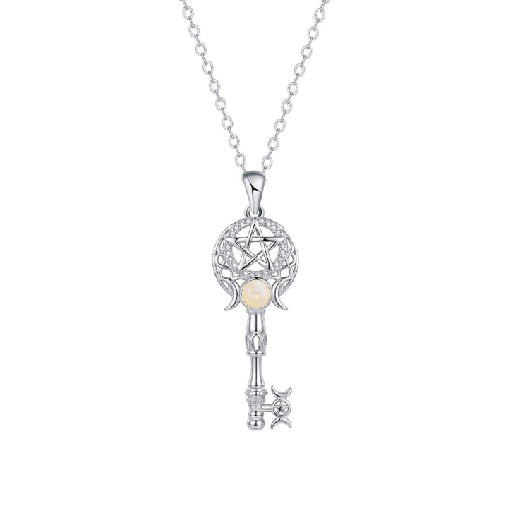 Pentagram Moon Opal Key Necklace, Sophisticated Collarbone Necklace For Women