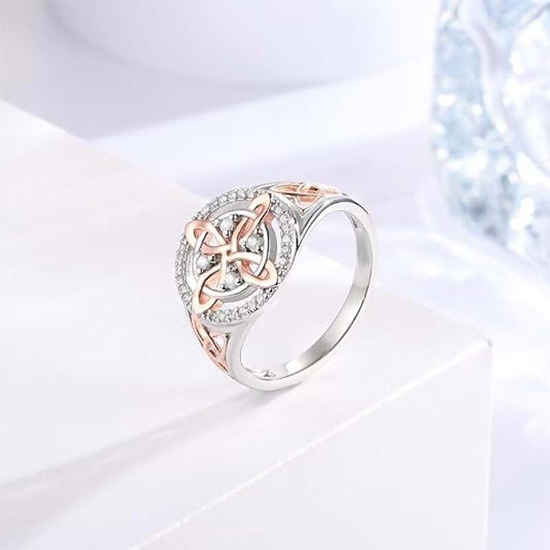 Two‑Tone Celtic Knot Halo Gem Statement Ring, Rose Gold & Silver Hollow Openwork Ring