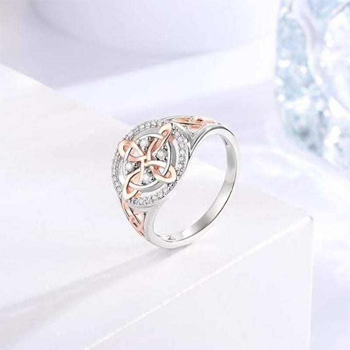 Two‑Tone Celtic Knot Halo Gem Statement Ring, Rose Gold & Silver Hollow Openwork Ring
