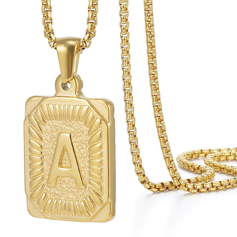 A-Z Vintage Sunburst Initial Tag Pendant Necklace, Personalized Men Women Hip Hop Stackable Statement Jewelry
