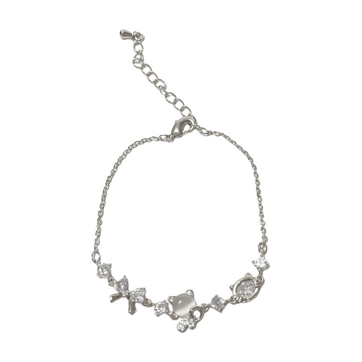 Cute Cat & Bow Diamond Chain Bracelet, Adjustable Dainty Wrist Jewelry in Gold & Silver Tone for Women