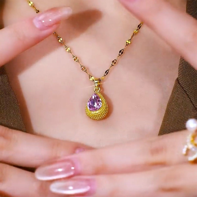 Freshwater Pearl Lotus Tassel & Teardrop Pink Gem Granulated Bezel Dainty Collarbone Jewelry For Women