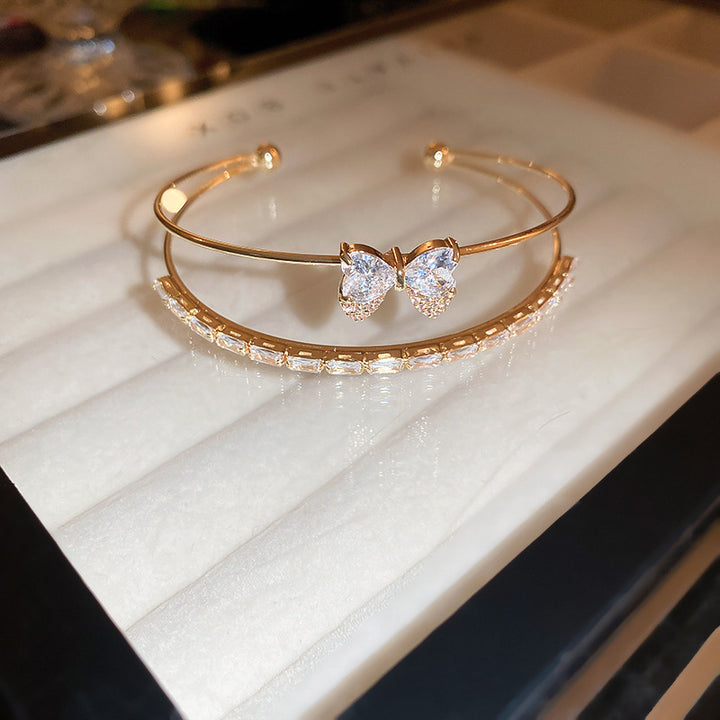 Double Layer Butterfly Diamond Open Cuff Bangle, Heart Stone Bow Stackable Bracelet