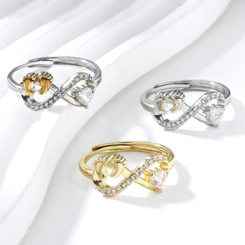 Open Adjustable Mom Baby Footprint Infinity Ring, Heart‑Stone Mother’s Keepsake Ring