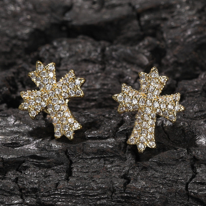 Pave Diamond Cross & Crisscross Statement Stud Earrings, Hip Hop Daily Ear Jewelry for Unisex
