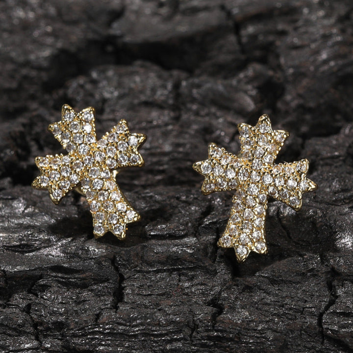 Pave Diamond Cross & Crisscross Statement Stud Earrings, Hip Hop Daily Ear Jewelry for Unisex