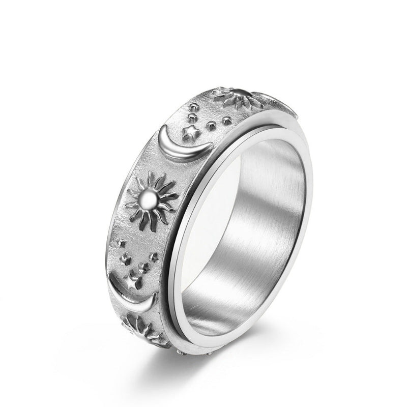 Sun, Moon, and Star Rotatable Ring, Vintage Engraved Rotatable Stress‑Relief Ring