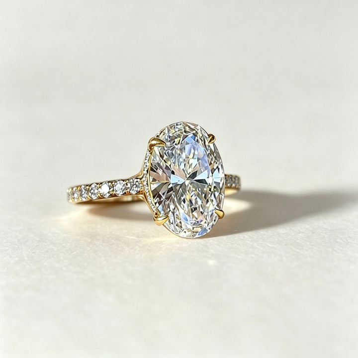 4-Prong Oval Diamond Pave Band Engagement Ring, Gold Silver Dainty Bridal Statement Ring