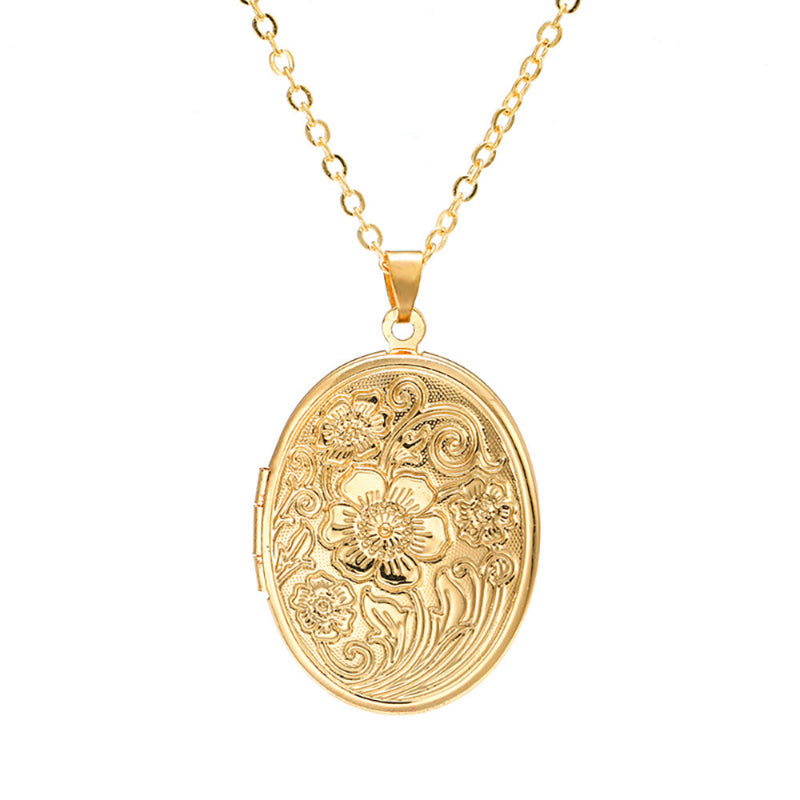 Vintage Floral Engraved Photo Locket Necklace, Stylish Patterned Collarbone Necklace