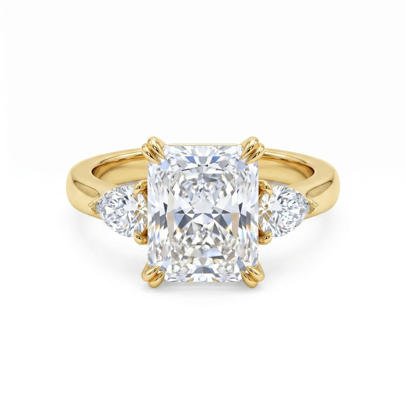 Radiant Cut Three Stone Diamond Engagement Ring, Pear Side Stone Luxury Bridal Promise Ring