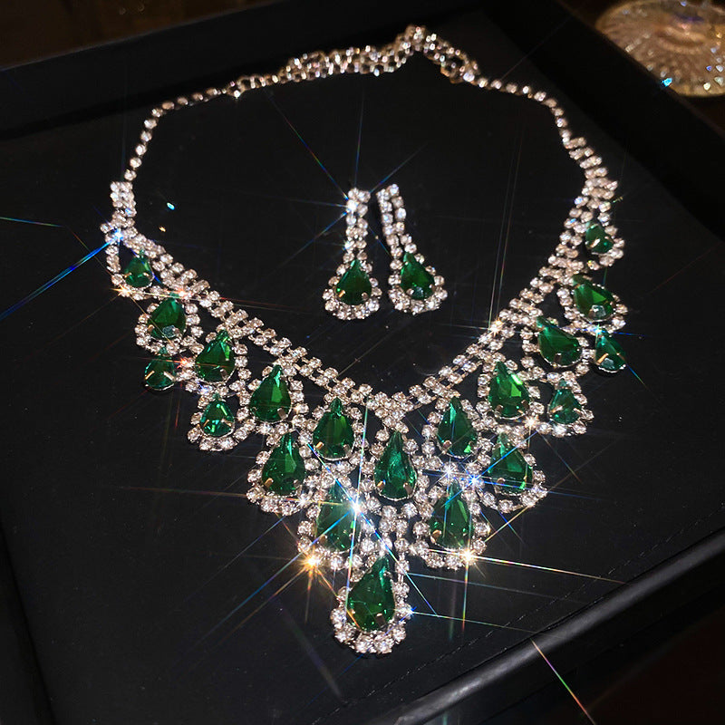 Teardrop Diamonds Bib Jewelry Set, Luxury Formal Necklace & Drop Earrings For Women