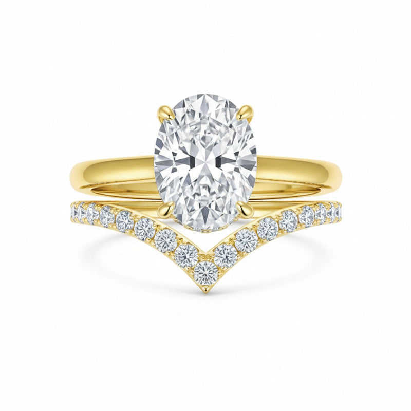 Oval 4-Prong Solitaire Engagement Ring, Pave V-Shaped Wedding Band Bridal Matching Stack Jewelry