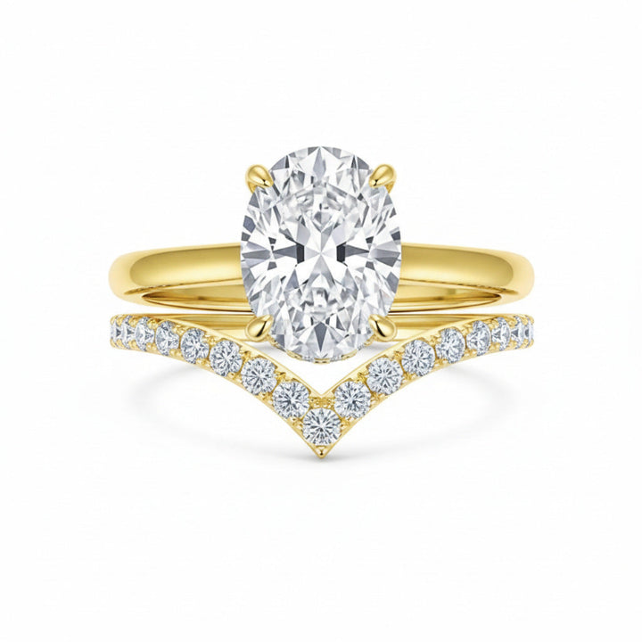 Oval 4-Prong Solitaire Engagement Ring, Pave V-Shaped Wedding Band Bridal Matching Stack Jewelry