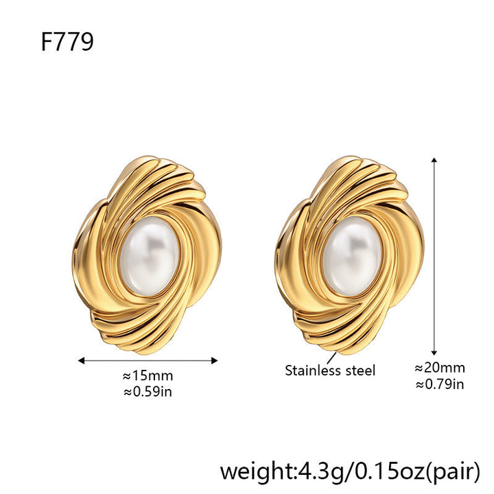 18K Gold Swirl Pearl Stud Earrings, Abstract Twisted Minimalist Earrings