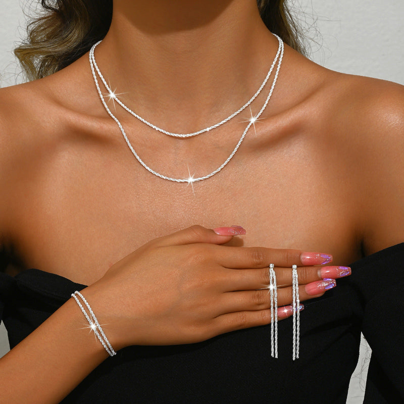 Shimmer Layered Diamond Chain Jewelry Set, Fashionable Double-Layer Stacked Starry Sky Necklace, Earrings, and Bracelet