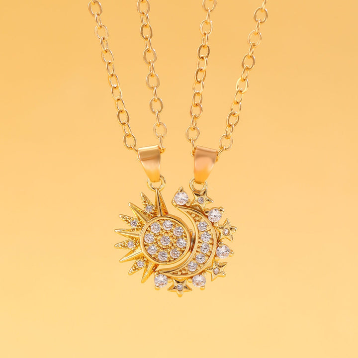 Magnetic Interlocking Sun Moon Star Couple Matching Pendant Necklace, His & Her Split Pair Spiritual Necklace