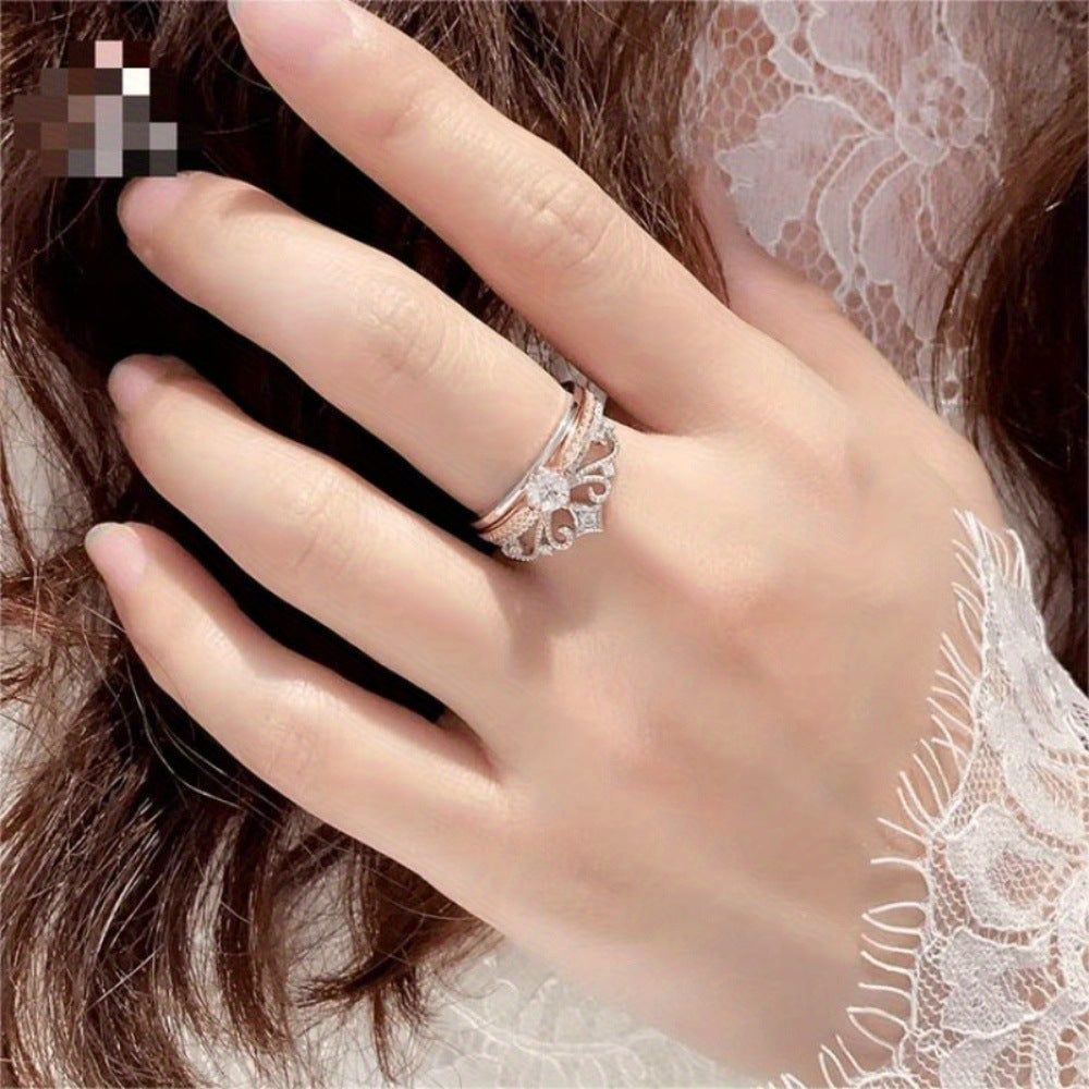 Exquisite 2-Piece Crown Stackable Ring Set, Sparkling Stone Queen Statement Rings for Women