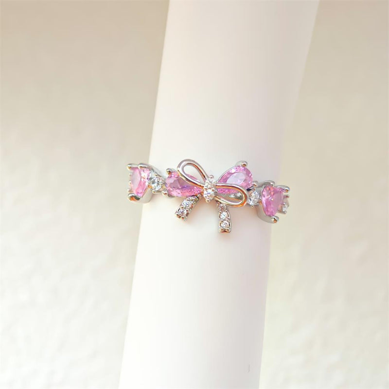 Dainty Pink Heart Diamond Bow Diamond Band Ring, Adjustable Opening Women Promise Ring