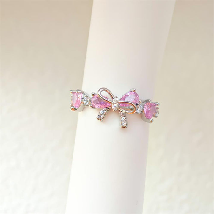 Dainty Pink Heart Diamond Bow Diamond Band Ring, Adjustable Opening Women Promise Ring