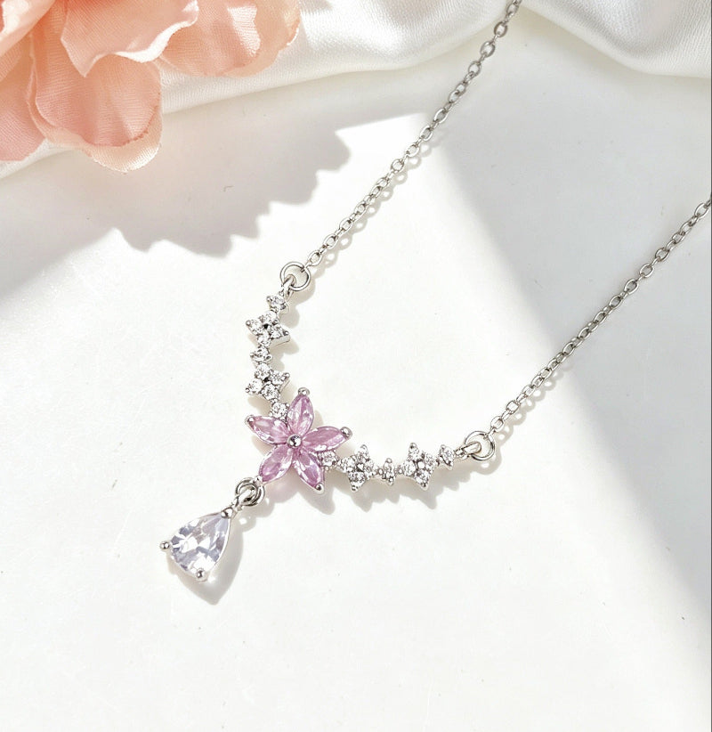 V-Shape Floral Star Teardrop Diamond Necklace, Dainty Collarbone Chain