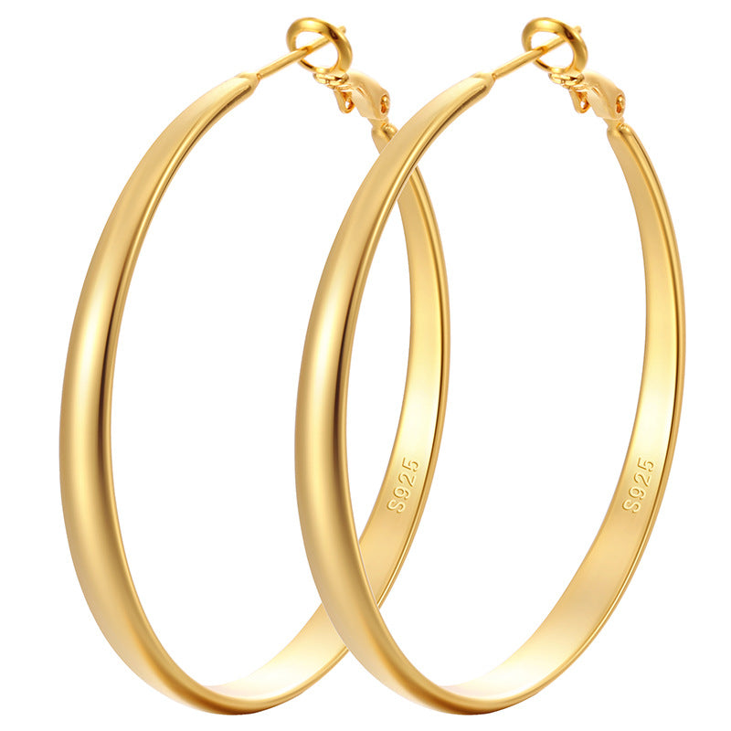 Polished Large S925 Silver Hoop Earrings, 2 Tone Minimalist Statement Ear Jewelry