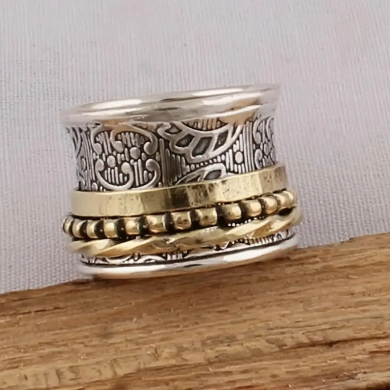 Two‑Tone Vintage Engraved Spinner Wide Band Ring, Boho Textured Rotating Fidget Statement Ring