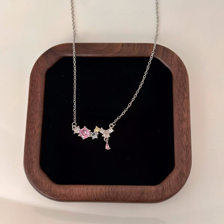 Colorful Multi Stone Pendant Necklace, Dainty Butterfly Cluster Gemstone Chain Necklace