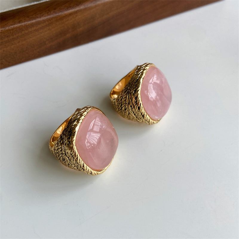 Textured 18K Gold Natural Stone Signet Ring, 3 Gem Tone Vintage Wide Band Statement Ring