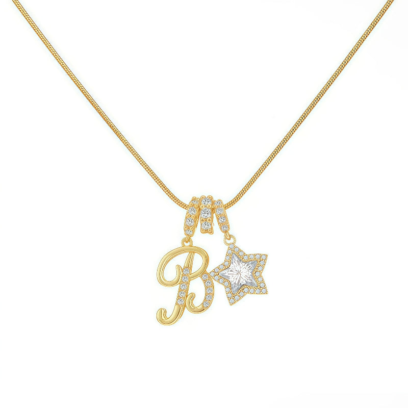 Cursive Initial Letter Diamond Star Pendant Necklace, 26‑Alphabet Snake Chain Necklace